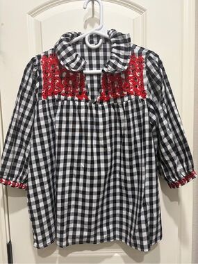 Black & White Gingham Top with Red Embroidered Yoke - Brand